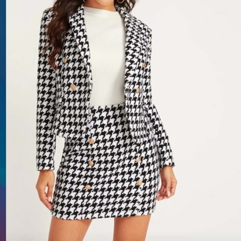 SheIn (Size L) Black & White (2PC) Button Houndstooth Print Skirt Blazer Set